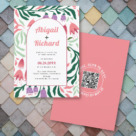 Boho arch Retro Zweige, Blume QR Code Hochzeit Einladung