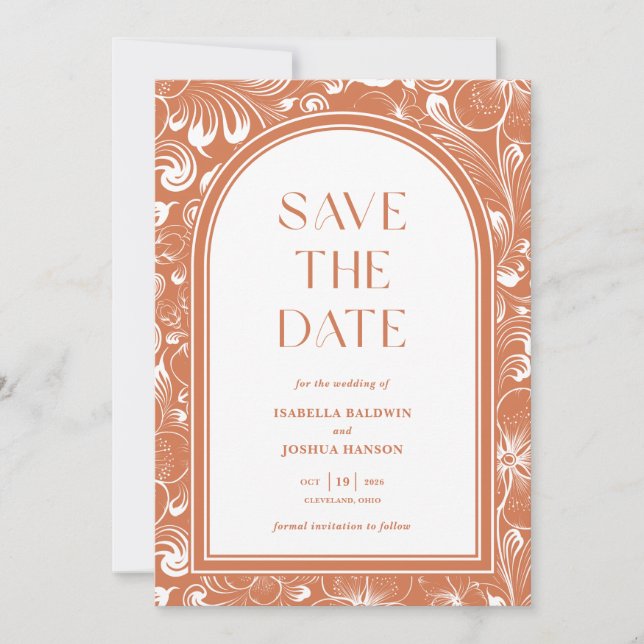 Boho Arch Terra Cotta Save the Date Einladung (Vorderseite)