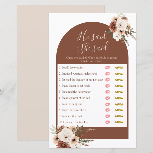 Boho Arch Terracota Il a dit Elle a dit Carte Jeux (Devant / Derrière)