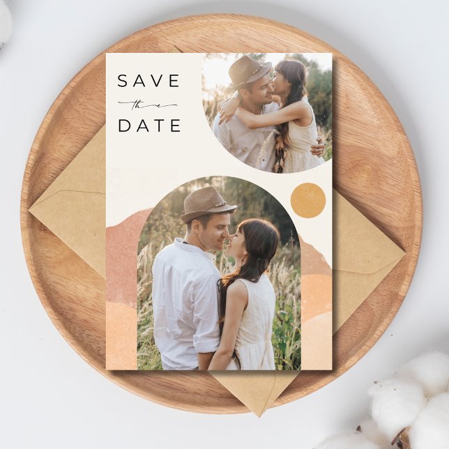 Boho Arch Two Foto Wüstenhochzeit Save The Date (Boho Arch Two Photo Desert Wedding Save The Date)