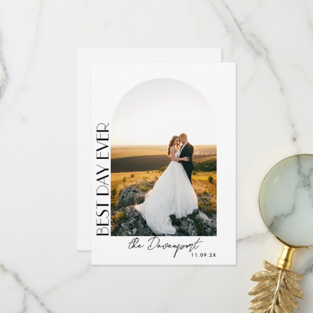 Boho Arch Wedding Foto Vielen Dank Dankeskarte (Vorderseite/Rückseite Beispiel)