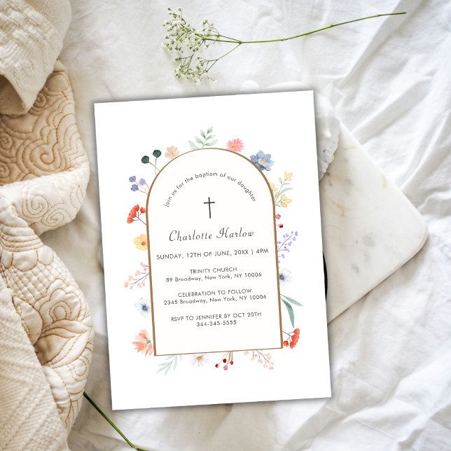 Boho Arch Wildblume Blumenrahmen Kreuztaufen Einladung (Boho Arch Wildflower Floral Frame Cross Baptism Invitation)