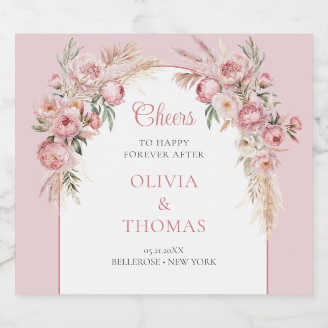 Boho arche blush peonas pampas gras eucalyptus alkoholflaschenetikett (Einzelnes Label)