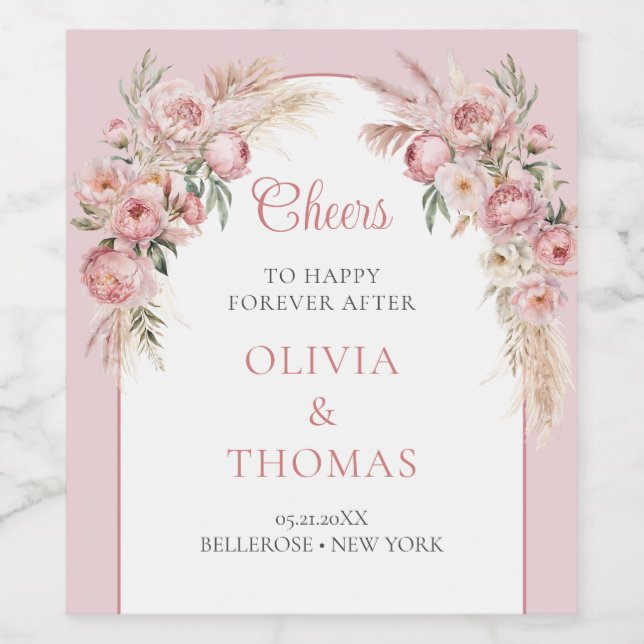 Boho arche blush peonas pampas gras eucalyptus weinetikett (Einzelnes Label)