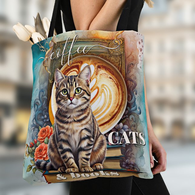 Boho Art Coffee Cats and Books Toag Tasche (Personalized coffee, cats and books tote bag featuring a colorful bohemian artistic design)