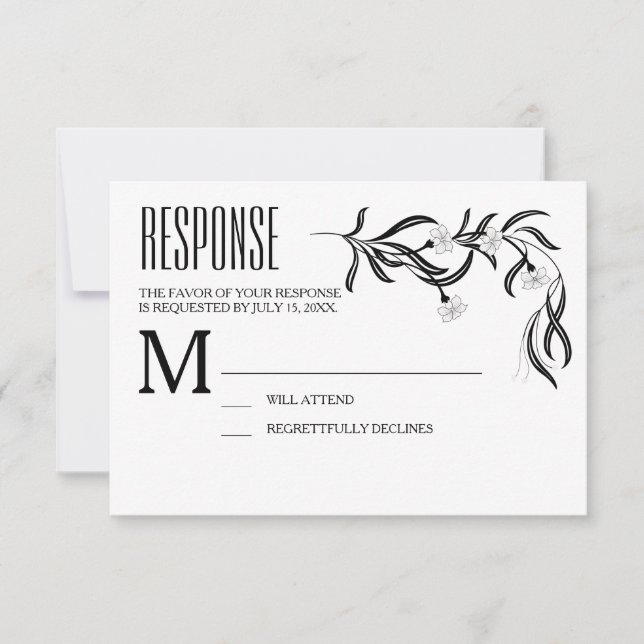 Boho Art Deco Black and White Floral Response Card RSVP Karte (Vorderseite)