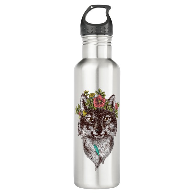 Boho Art-Wolf-Halo-Porträt Edelstahlflasche (Vorderseite)