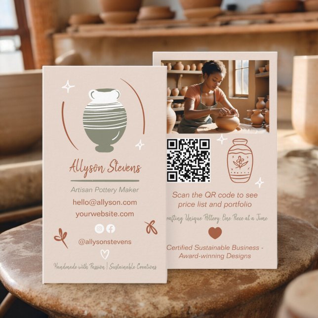 Boho Artisan Pottery Maker Crafts Foto qr Visitenkarte (Boho Artisan Pottery Maker Crafts photo qr code Business Card)
