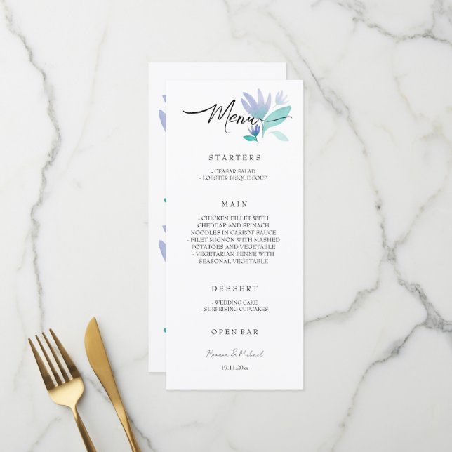 Boho Artistic Blue Floral Garden Menükarte (Vorderseite/Rückseite Beispiel)