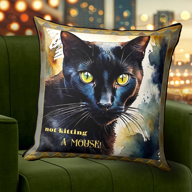 Boho Artistic Funny Cat Animal Art Kissen (Boho artistic funny cat lovers pillow featuring a watercolor painting of a cute black cat)