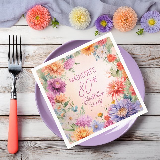 Boho Aster Flowers Floral 80th Birthday Party Serviette (Boho Aster Flowers Floral 80th Birthday Party Napkins)