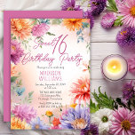 Boho Aster Flowers Floral Sweet 16 Birthday Party Einladung<br><div class="desc">Elegant aster flowers floral design "Sweet 16 Birthday Party" design featuring a floral frame of asters in a variety of colors,  including purple,  magenta rose pink and golden and butter yellow,  on a pastel-toned watercolor background.</div>
