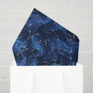 Boho-Astrologie-Tierkreiszeichen-Muster auf Blau Seidenpapier