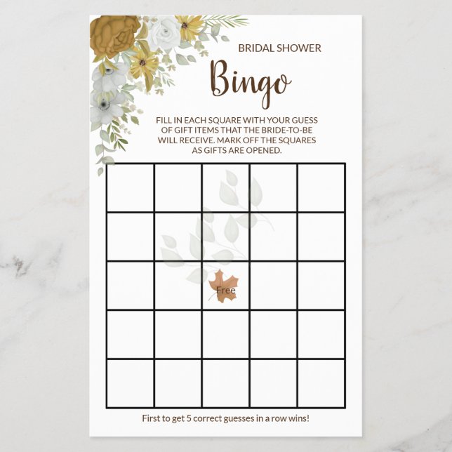 Boho Autumn Floral Brautparty Bingo Game Card F Flyer (Vorne)