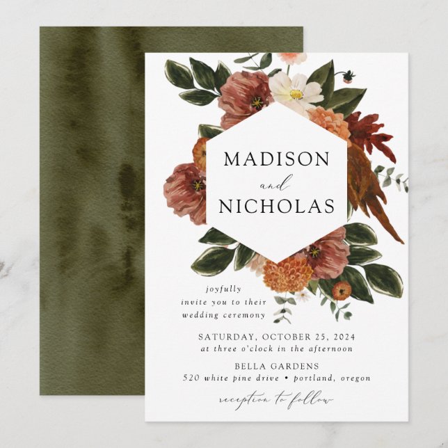 Boho Autumn Floral Frame Wedding Einladung (Vorne/Hinten)