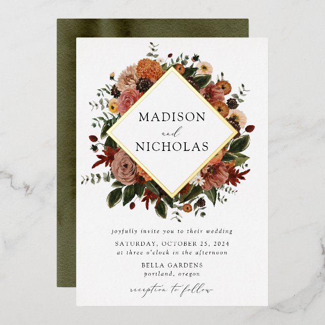 Boho Autumn Floral Frame Wedding Folieneinladung (Vorderseite/Rückseite)