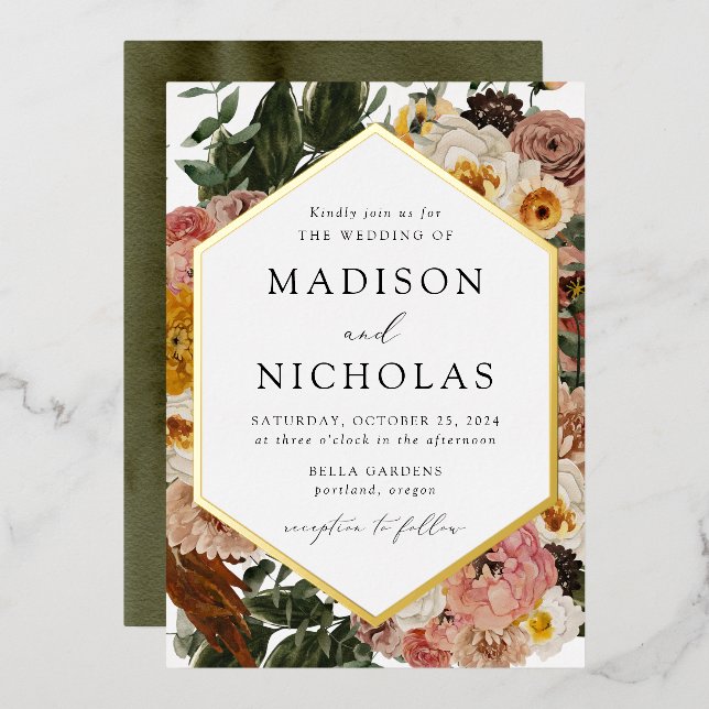 Boho Autumn Floral Geometric Frame Wedding Folieneinladung (Vorderseite/Rückseite)