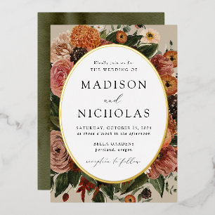 Boho Autumn Floral Oval Frame Wedding Folieneinladung