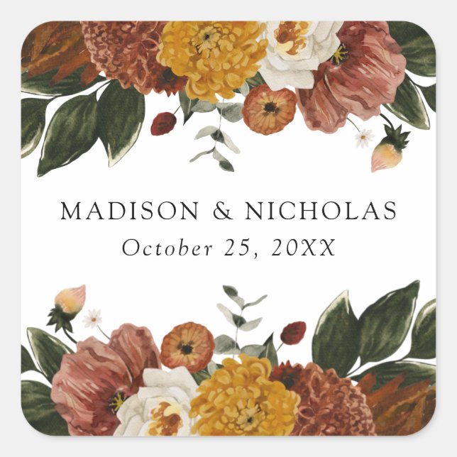 Boho Autumn Floral Personalisiert Wedding Quadratischer Aufkleber (Vorderseite)