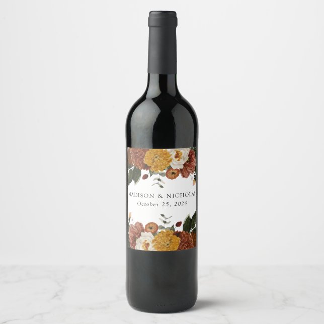 Boho Autumn Floral Personalisiert Wedding Weinetikett (Vorderseite)