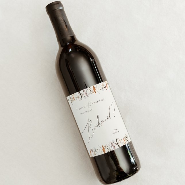 Boho Autumn Wildblume | Beige Bridesmaid Vorschlag Weinetikett (Von Creator hochgeladen)