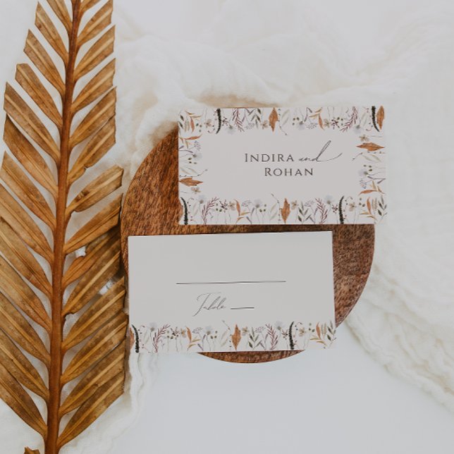 Boho Autumn Wildblume | Beige Flat Wedding Platzkarte (Von Creator hochgeladen)