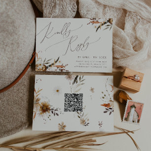 Boho Autumn Wildblume Beige Horizontaler QR-Code RSVP Karte