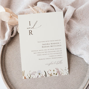 Boho Autumn Wildblume Beige Monogram Wedding Einladung