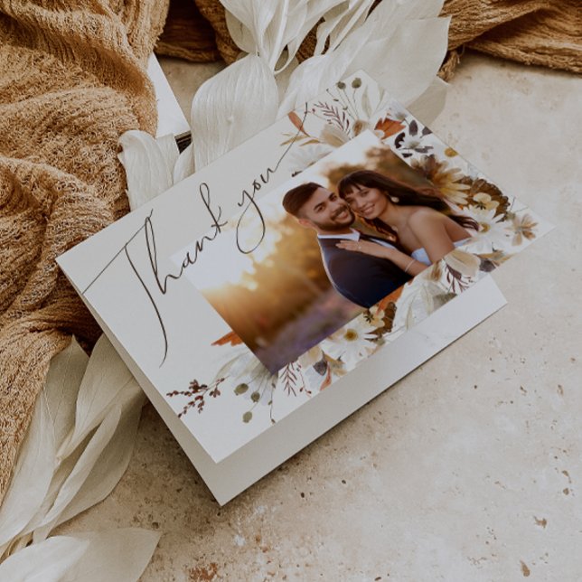 Boho Autumn Wildblume | Beigefaltetes Foto Dankeskarte (Von Creator hochgeladen)