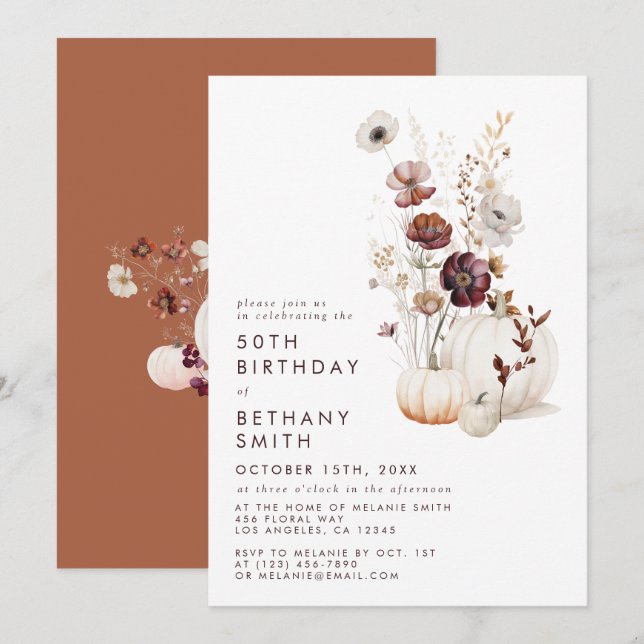 Boho Autumn Wildblume Pumpkin Birthday Party Einladung (Vorne/Hinten)