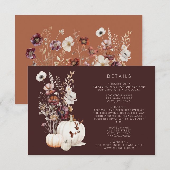 Boho Autumn Wildblume Pumpkin Wedding Begleitkarte (Vorne/Hinten)