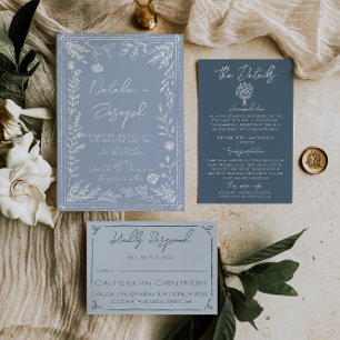 Boho Azurblaue Blumen Botanische Moderne Hochzeit Einladung