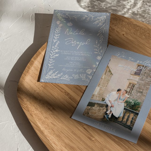 Boho Azure Blue Floral Botanical Photo Fun Wedding Einladung (Von Creator hochgeladen)