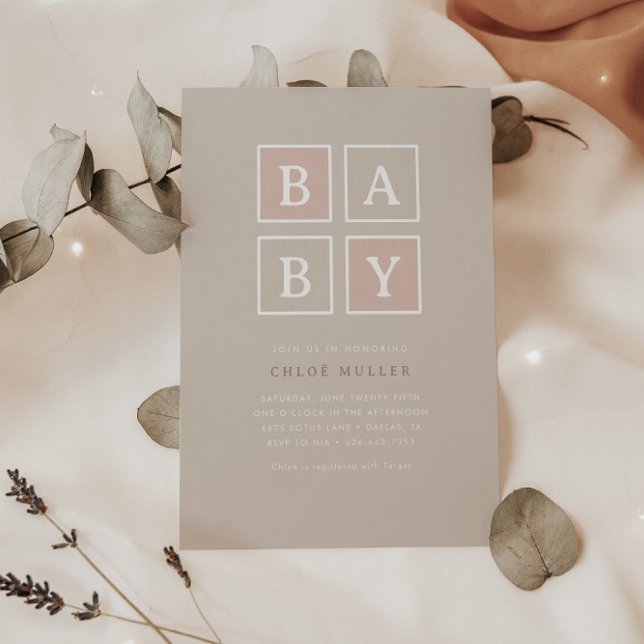 Boho Baby blockt dusty Pink Moderne Babydusche | Einladung (Von Creator hochgeladen)