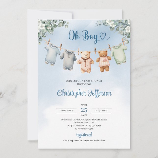 Boho Baby Blue Kleidung Eucalyptus Baby Shower Boy Einladung (Vorderseite)