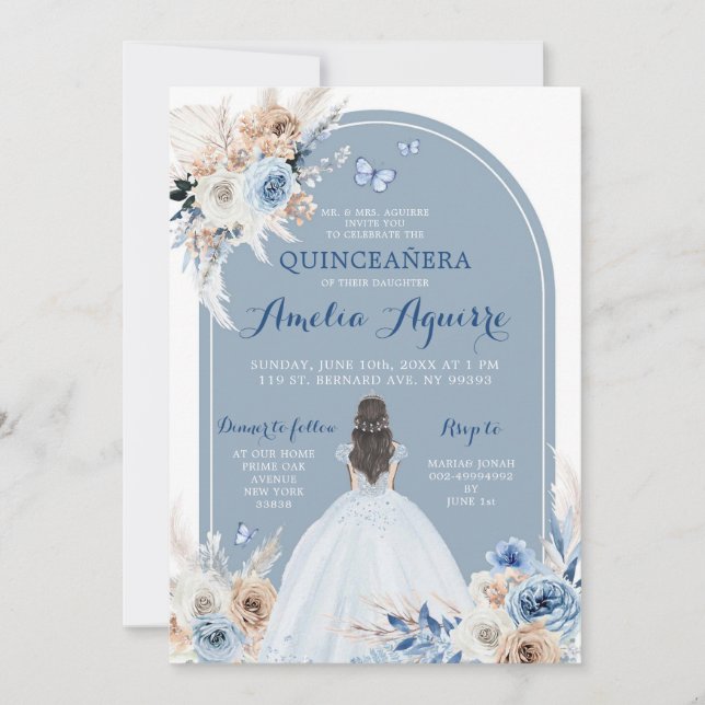 Boho Baby Blue Quinceañera Invitation (Devant)