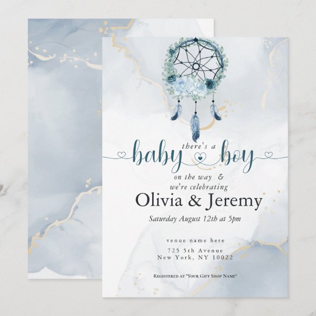 BOHO Baby BoyTeal und Dusty Blue Dreamcatcher Einladung (Vorne/Hinten)