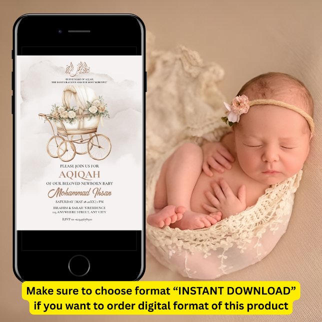 Boho Baby Carriage Aqiqah Unisex Muslim Neuborn Einladung (Von Creator hochgeladen)