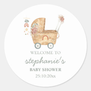 Boho Baby Carriage Babyparty Willkommen bei Runder Aufkleber