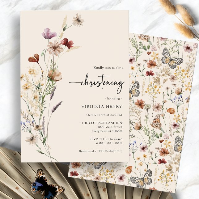 Boho Baby Christening Einladung (Boho Watercolor Floral Baby Christening Invitation by Painted Paperie
)