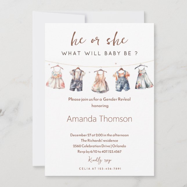 Boho Baby Clothes Gender Reveal Einladung (Vorderseite)