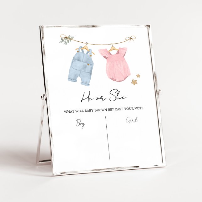 Boho Baby Clothes Gender Reveal Sign Poster (Boho Baby Clothesline Baby Shower Voting Sign)