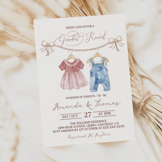 Boho Baby Clothes Pink Blue Gender Reveal Einladung (Von Creator hochgeladen)