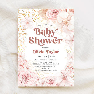 Boho Baby Dusche Rosa Blütenbraun Einladung