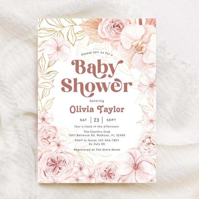 Boho Baby Dusche Rosa Blütenbraun Einladung (Von Creator hochgeladen)