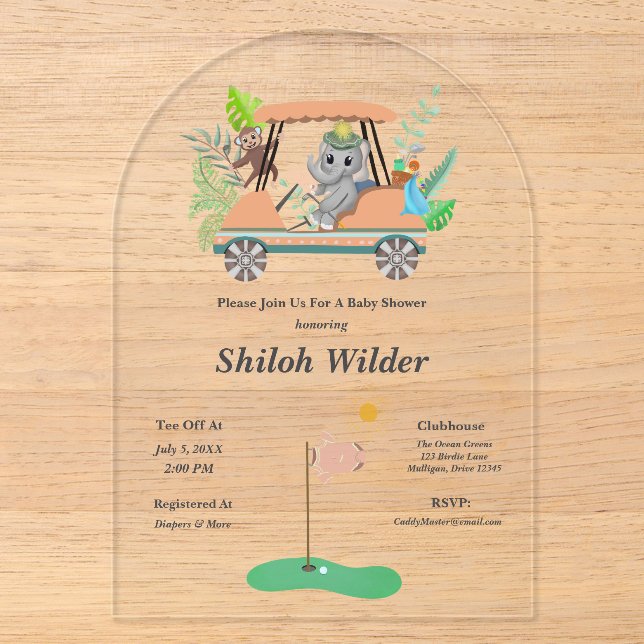Boho Baby Elephant & Monkey Golf Baby Dusche Acryleinladungen (Vorderseite)