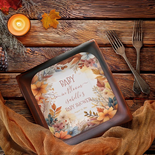 Boho Baby in Bloom Fall Floral Frame Baby Shower Pappteller (Boho Baby in Bloom Fall | Autumn Floral Frame Baby Shower Square Paper Plates)