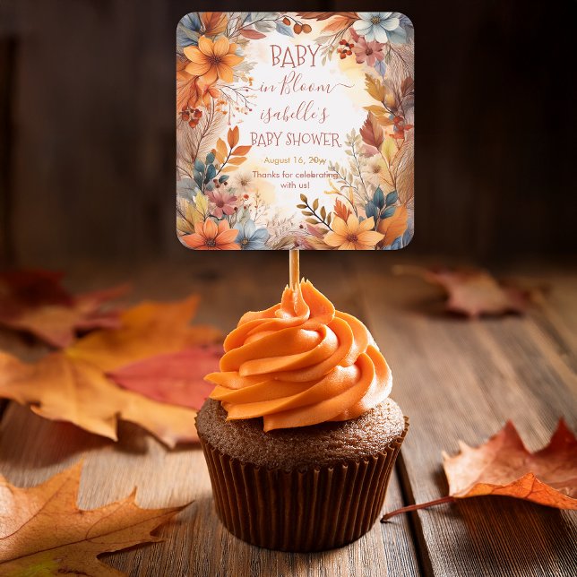 Boho Baby in Bloom Fall Floral Frame Baby Shower Quadratischer Aufkleber (Boho Baby in Bloom Fall | Autumn Floral Frame Baby Shower Square Sticker)