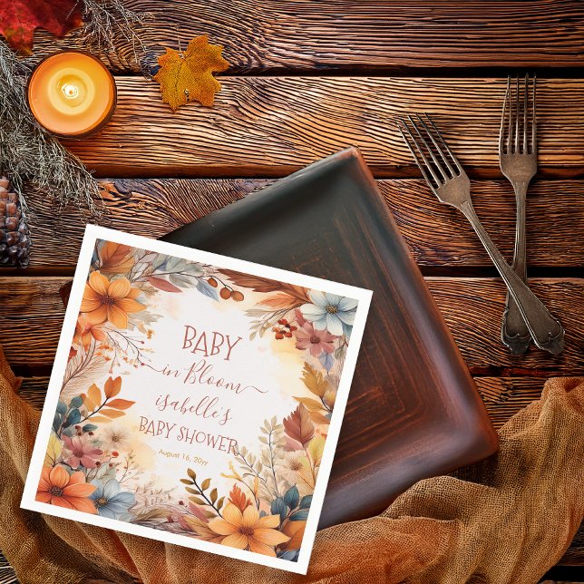 Boho Baby in Bloom Fall Floral Frame Baby Shower Serviette (Boho Baby in Bloom Fall | Autumn Floral Frame Baby Shower Napkins)