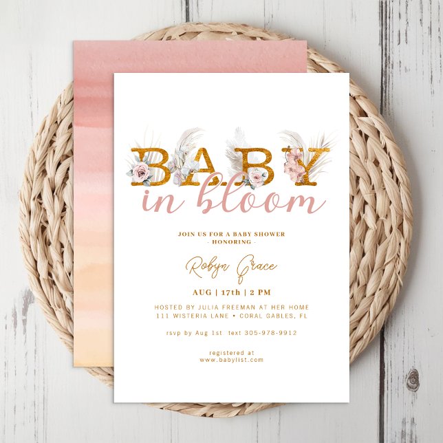 Boho Baby in Bloom Pampas Douche Invitation (Gold Boho Baby In Bloom)